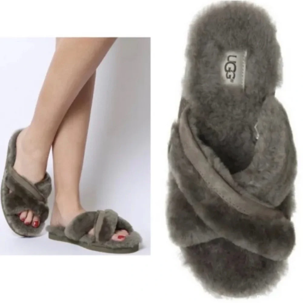 UGG Abela cris-cross grey furry sheepskin fluffy slippers sz 7 EUC - Picture 1 of 16